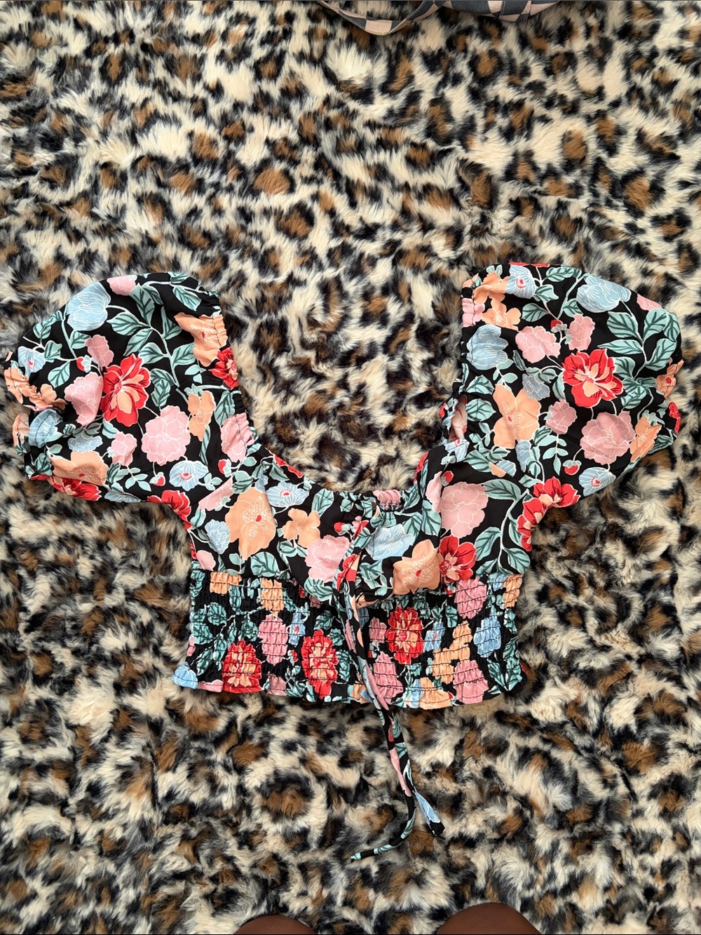 Floral Puff-Sleeve Crop Blouse in Black with Coral & Aqua Flowers